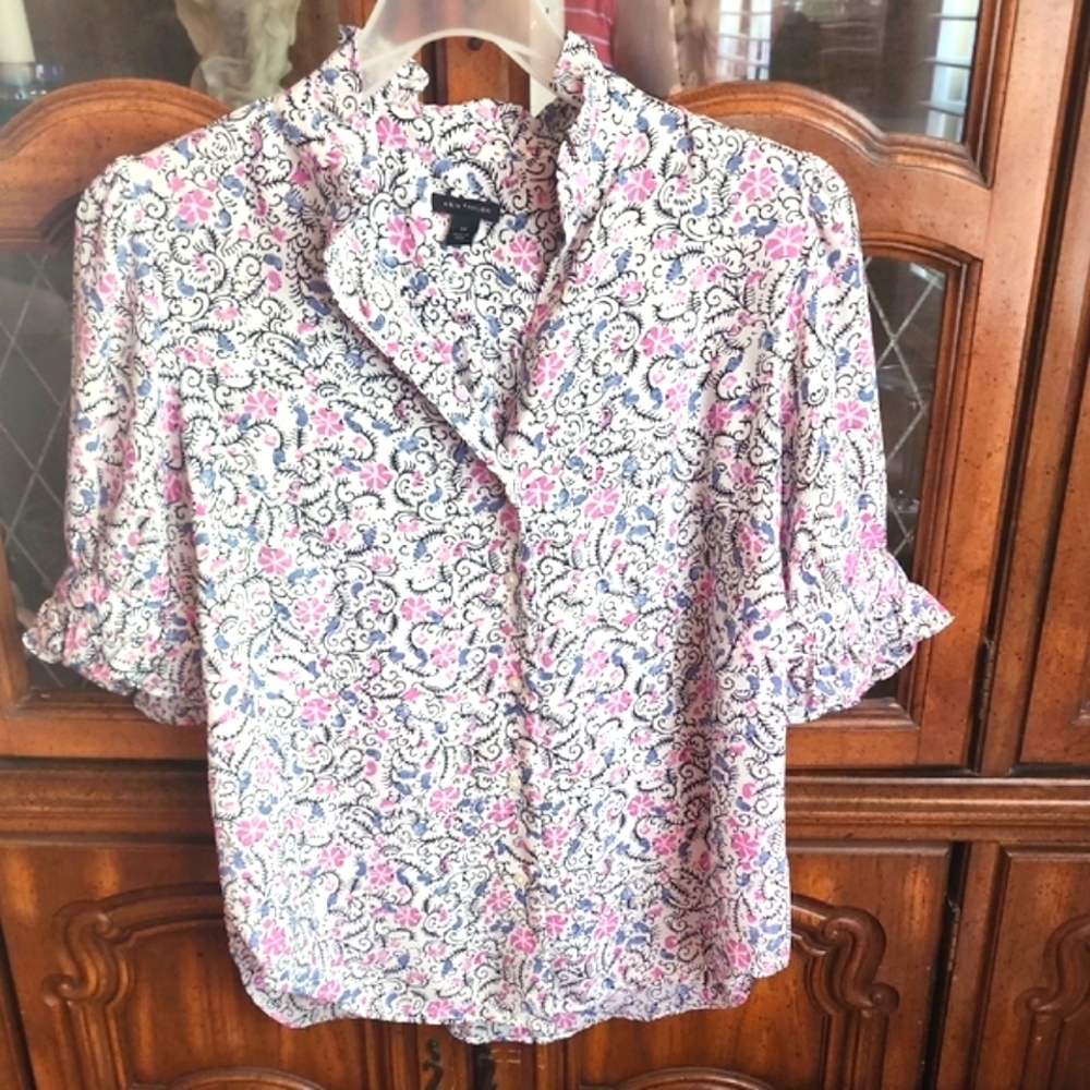 Ann Taylor Pink and Blue Ruffled Blouse with Mandarin Collar